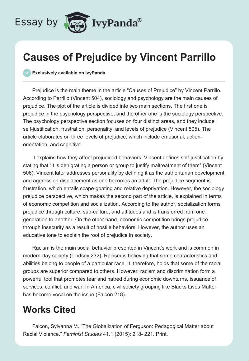 "Causes of Prejudice" by Vincent Parrillo. Page 1