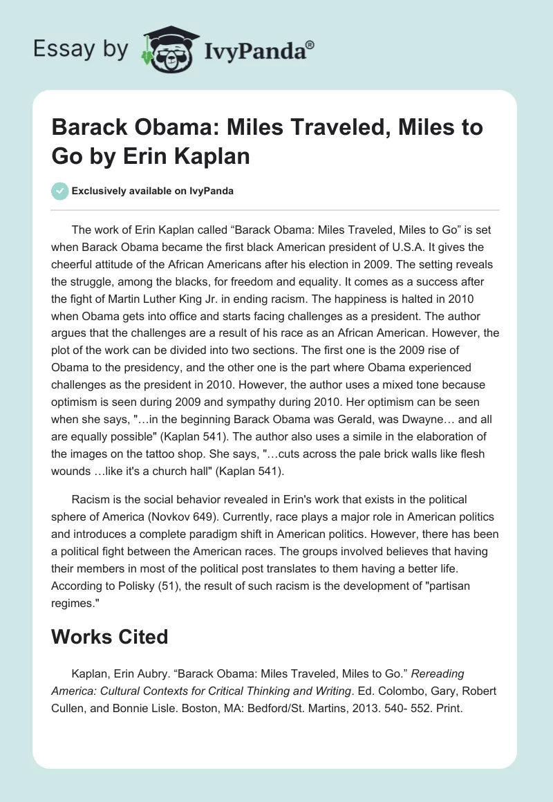 "Barack Obama: Miles Traveled, Miles to Go" by Erin Kaplan. Page 1