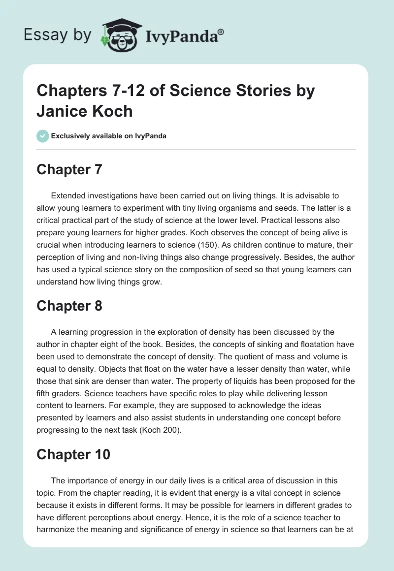 Chapters 7-12 of "Science Stories" by Janice Koch. Page 1