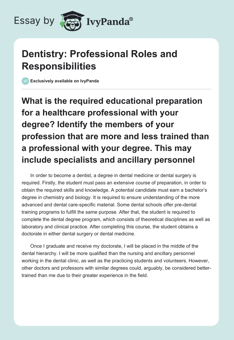 Dentistry: Professional Roles and Responsibilities. Page 1