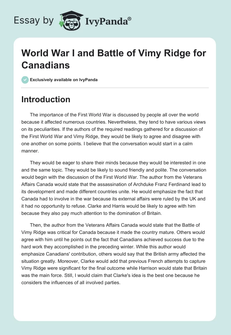 World War I and Battle of Vimy Ridge for Canadians. Page 1