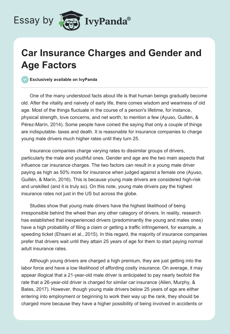 Car Insurance Charges and Gender and Age Factors. Page 1