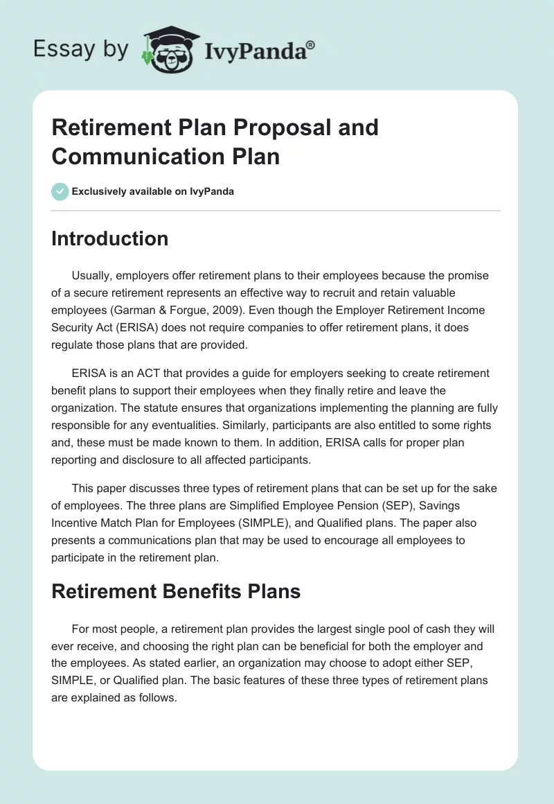Retirement Plan Proposal and Communication Plan. Page 1