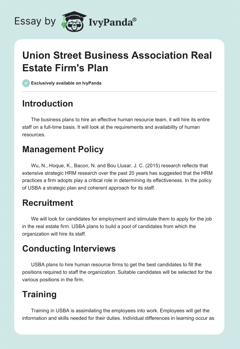 Union Street Business Association Real Estate Firm's Plan. Page 1
