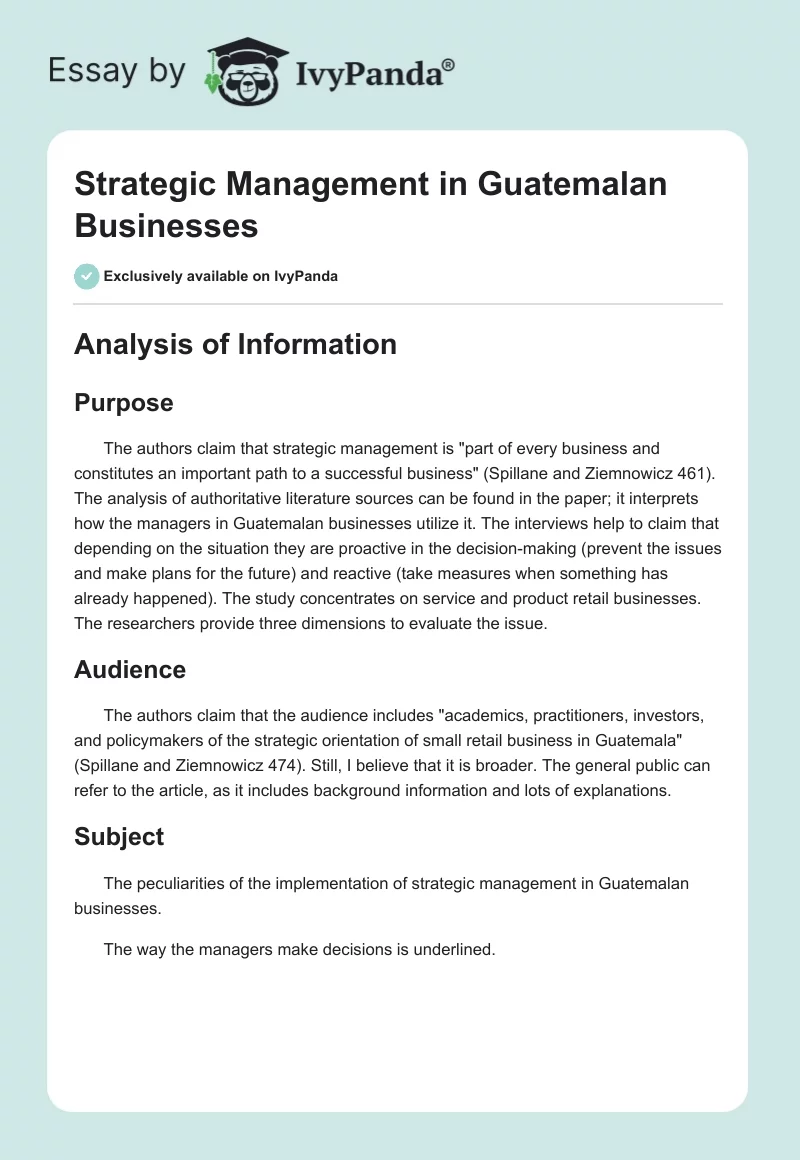 Strategic Management in Guatemalan Businesses. Page 1