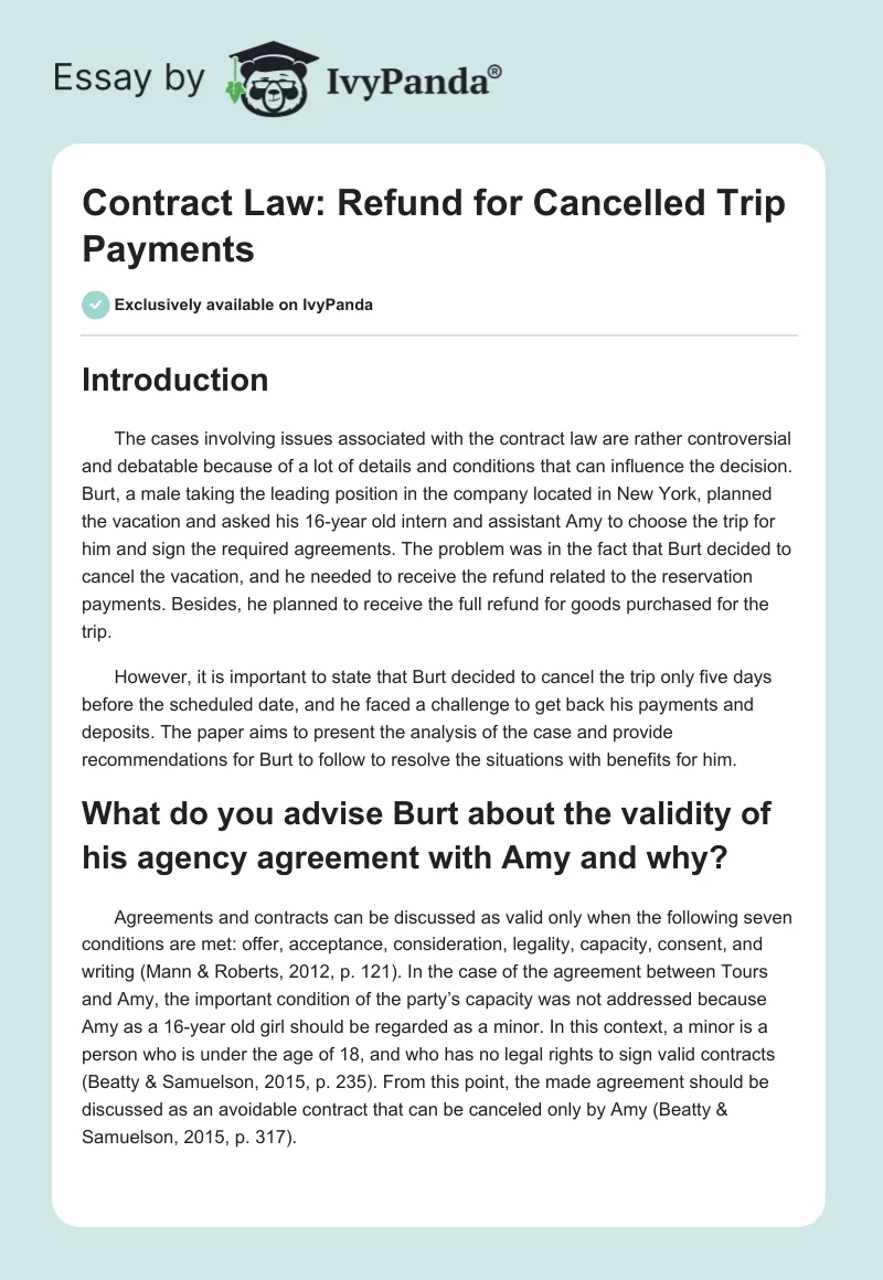 Contract Law: Refund for Cancelled Trip Payments. Page 1