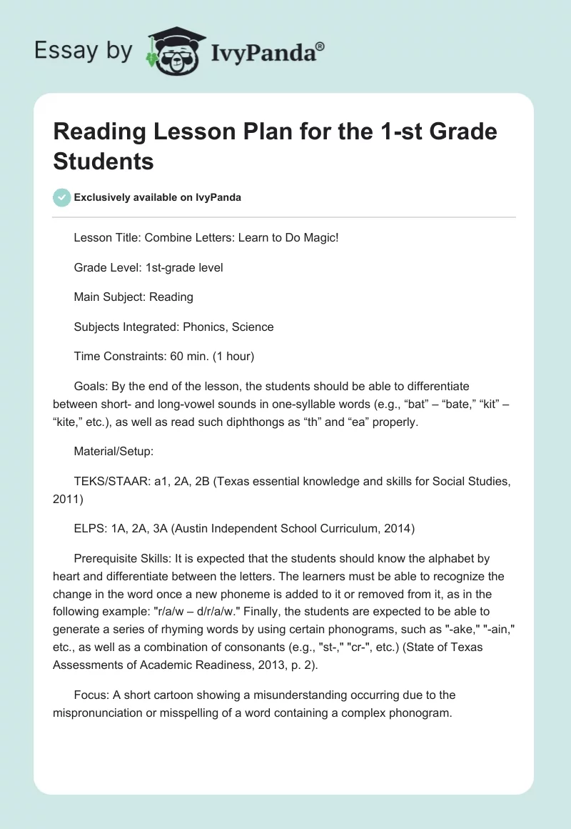 Reading Lesson Plan for the 1-st Grade Students. Page 1