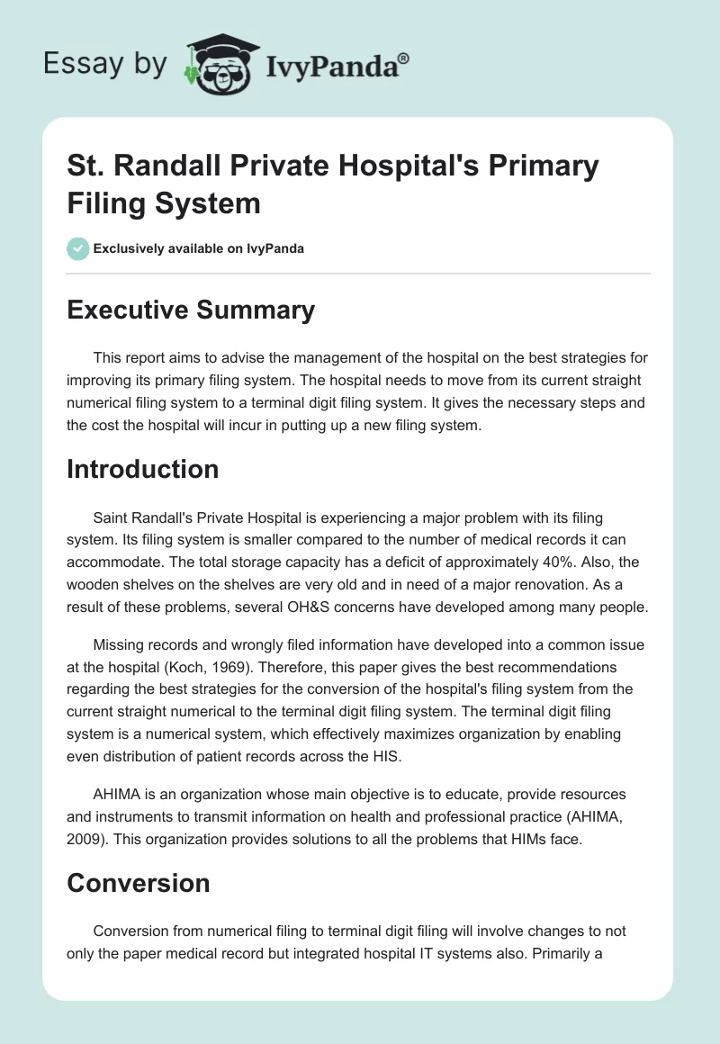 St. Randall Private Hospital's Primary Filing System. Page 1