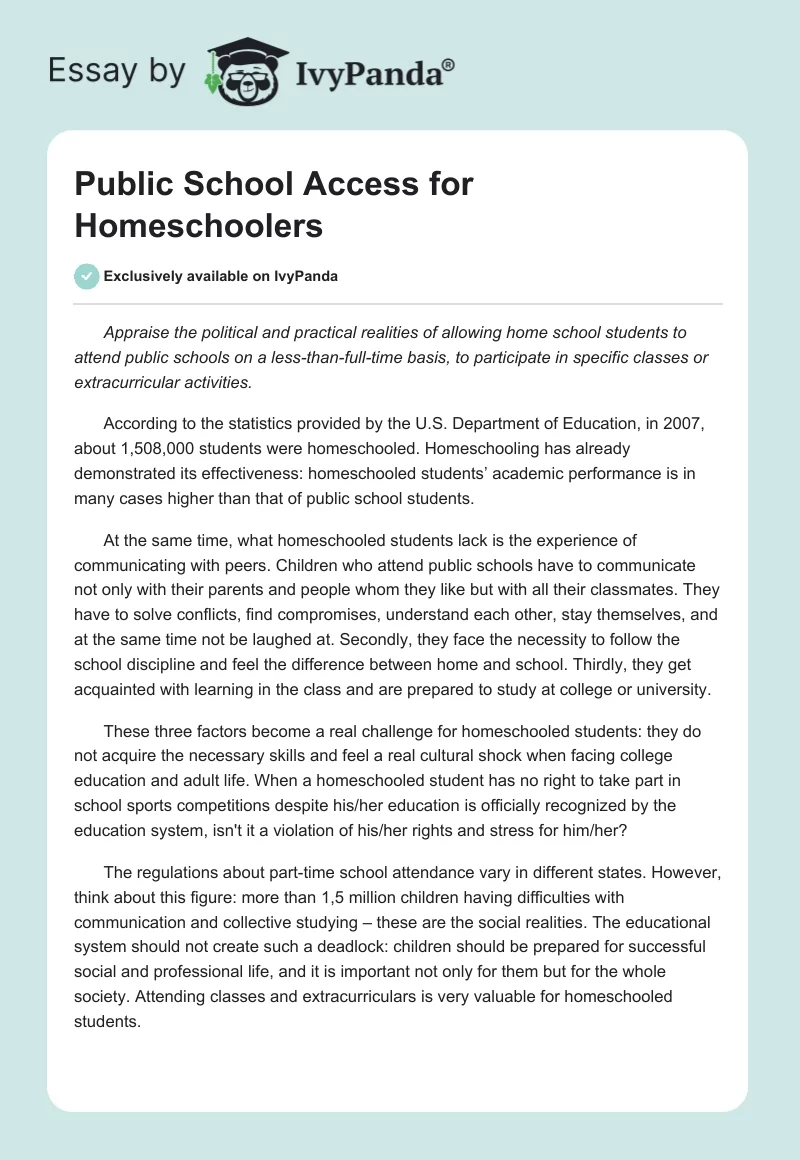 Public School Access for Homeschoolers. Page 1