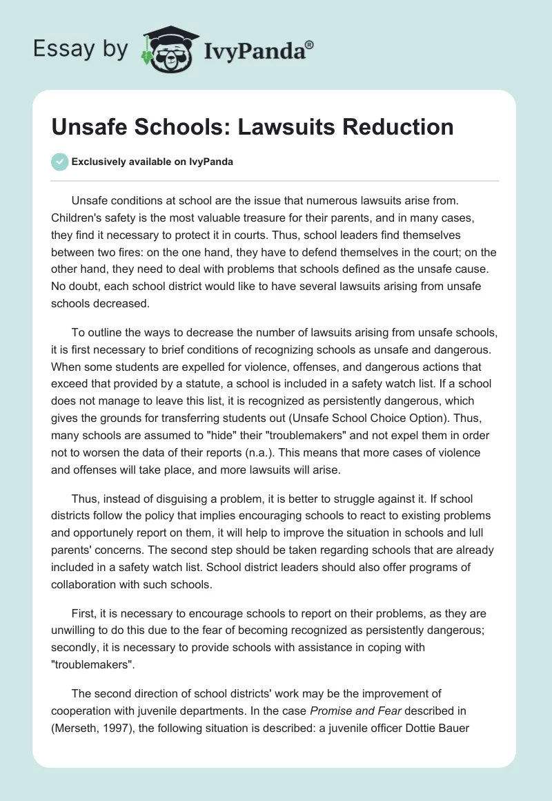 Unsafe Schools: Lawsuits Reduction. Page 1