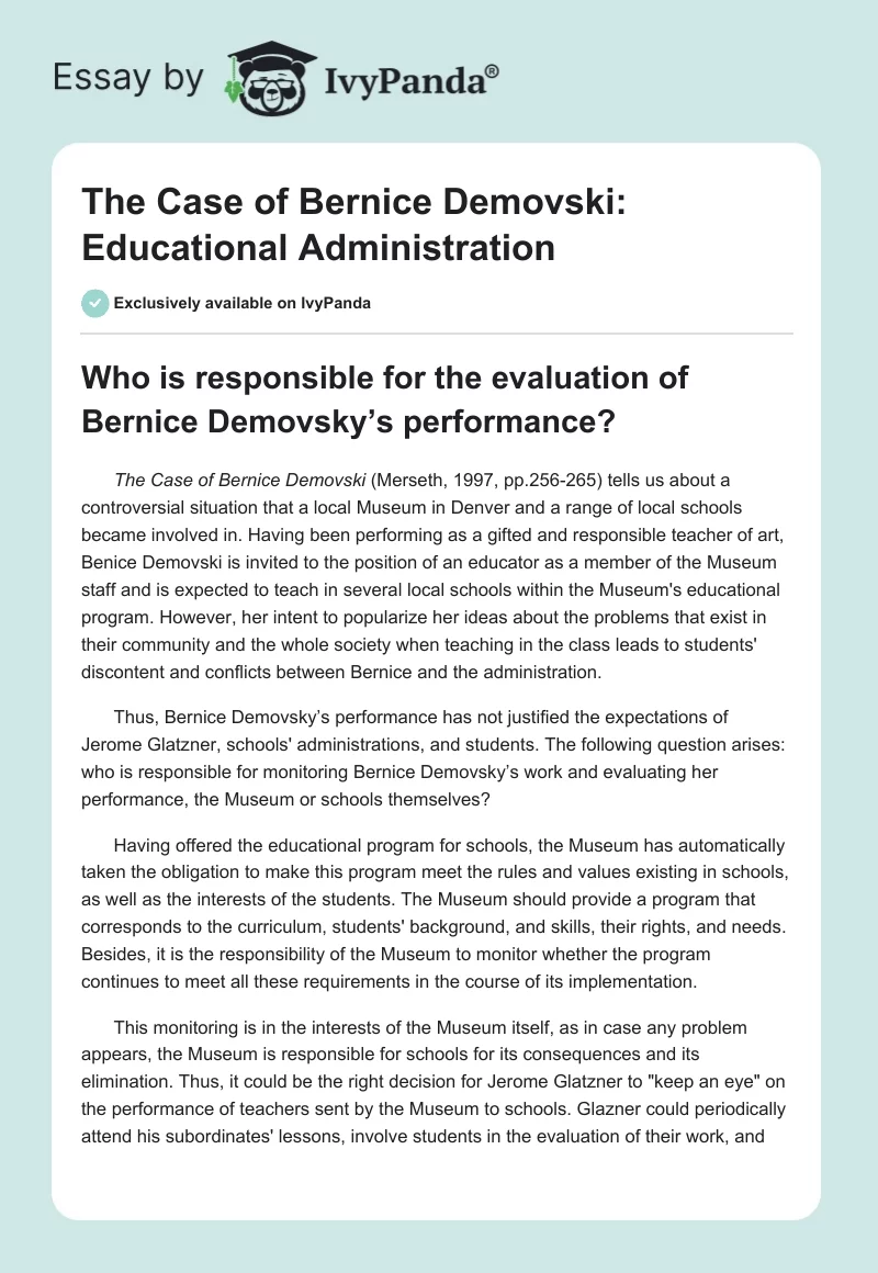 The Case of Bernice Demovski: Educational Administration. Page 1