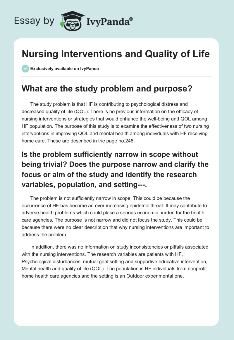 Nursing Interventions and Quality of Life. Page 1