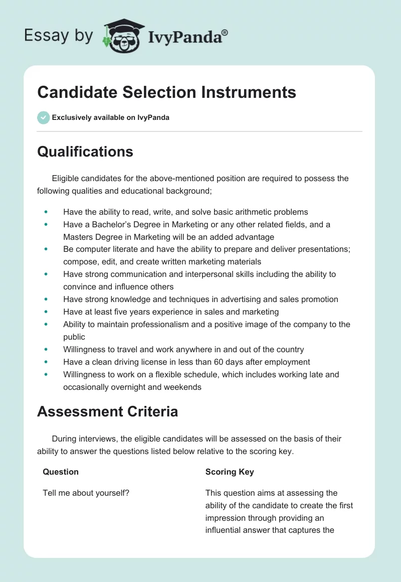 Candidate Selection Instruments. Page 1