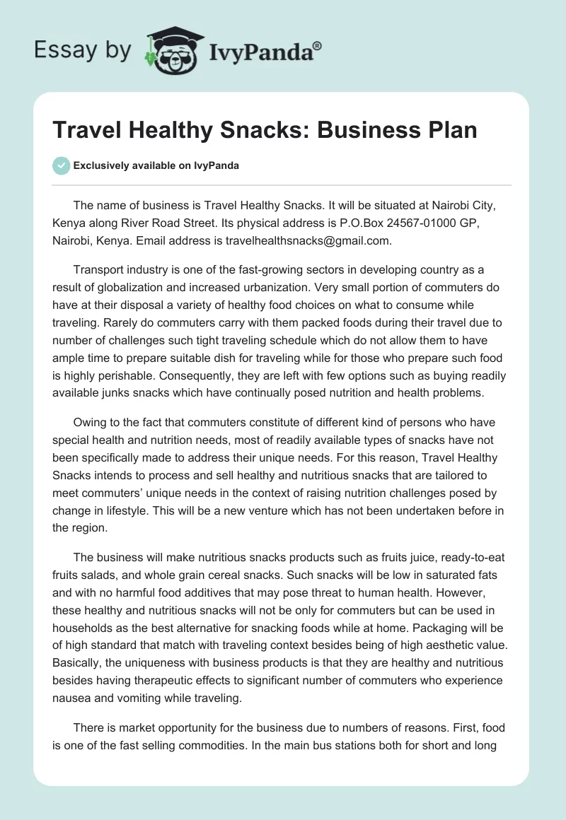Travel Healthy Snacks: Business Plan. Page 1