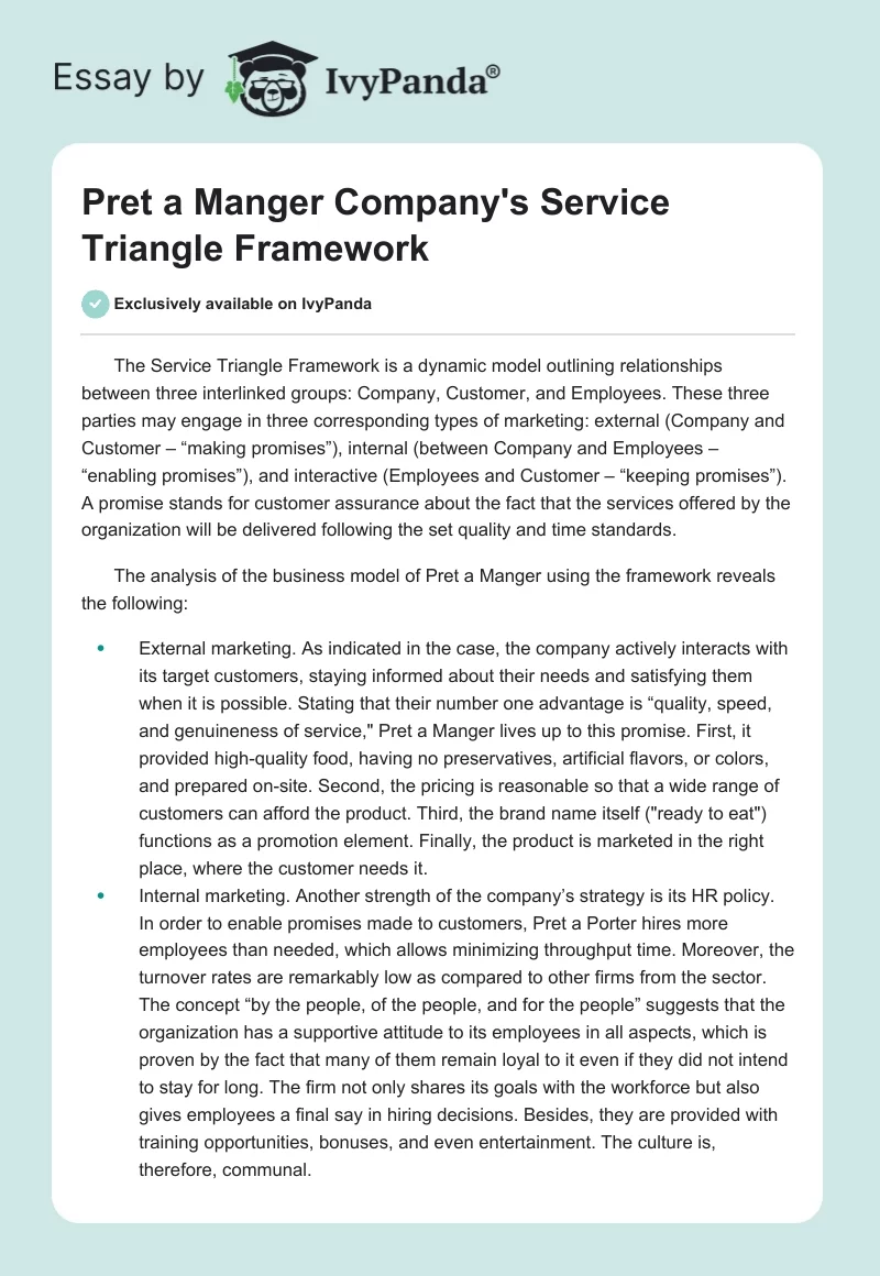 Pret a Manger Company's Service Triangle Framework. Page 1