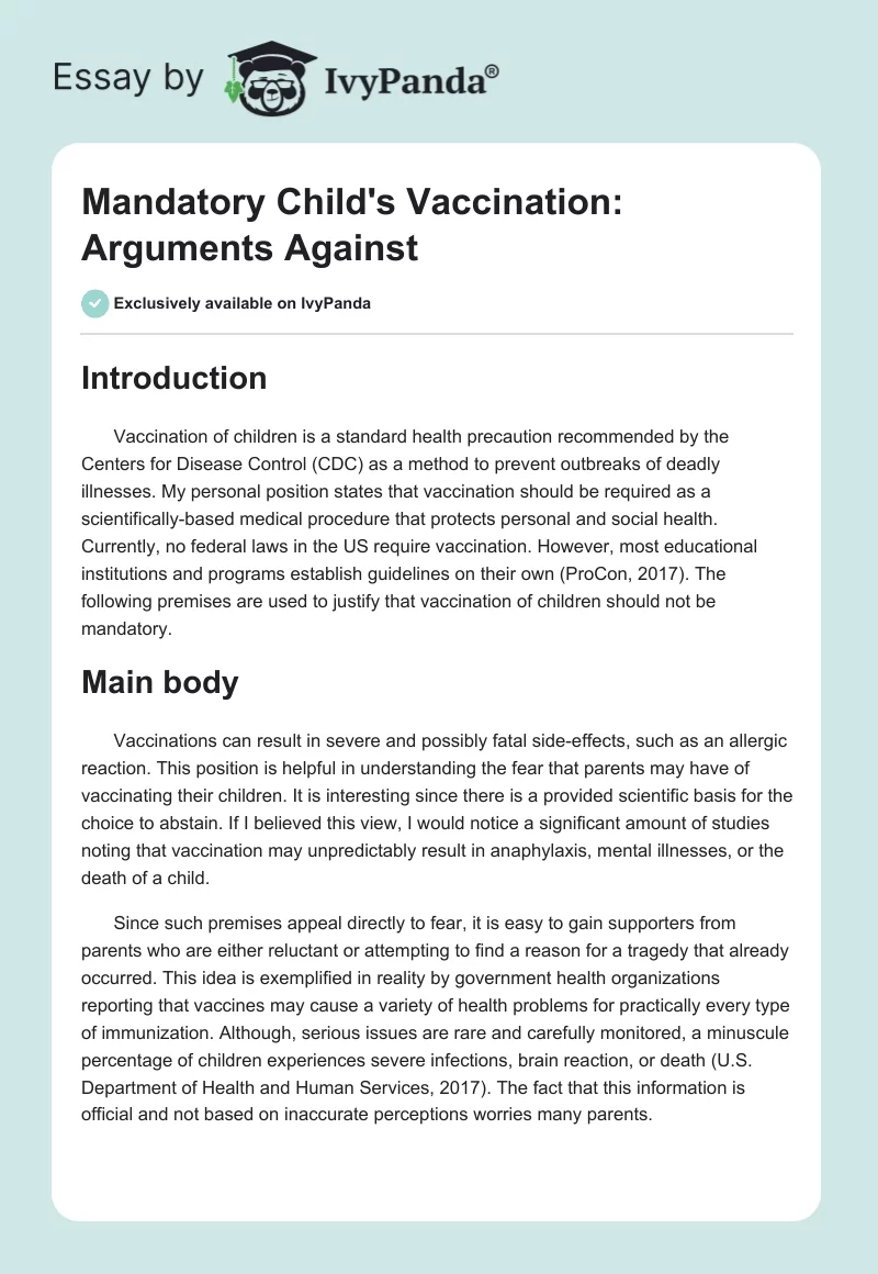 Mandatory Child's Vaccination: Arguments Against. Page 1
