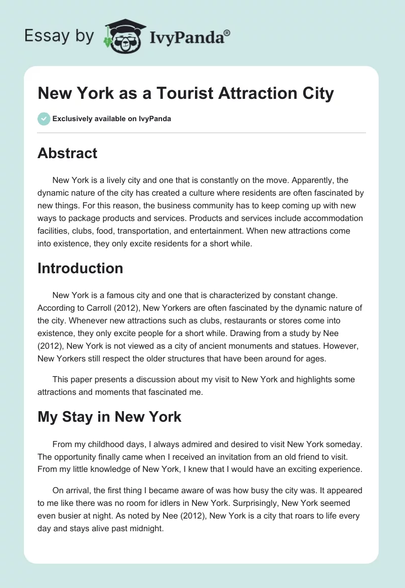 New York as a Tourist Attraction City. Page 1
