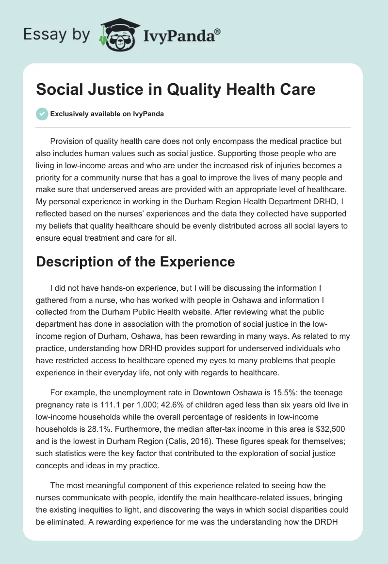 Social Justice in Quality Health Care. Page 1
