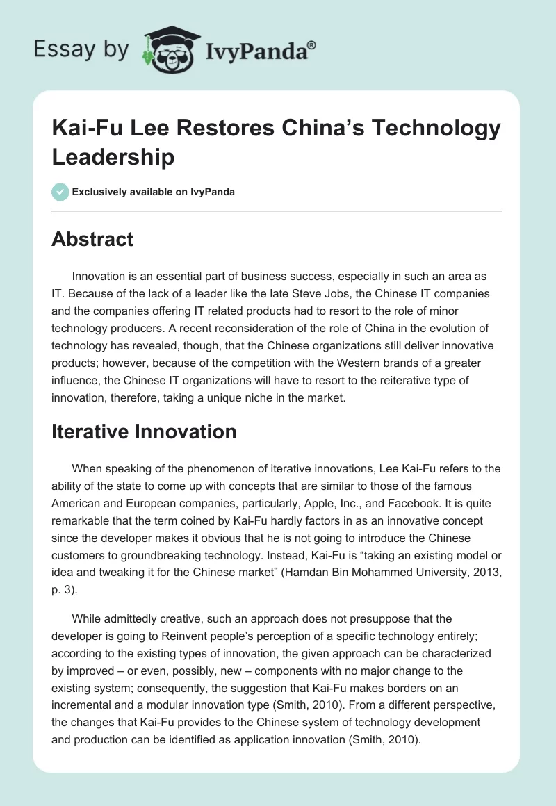 Kai-Fu Lee Restores China’s Technology Leadership. Page 1