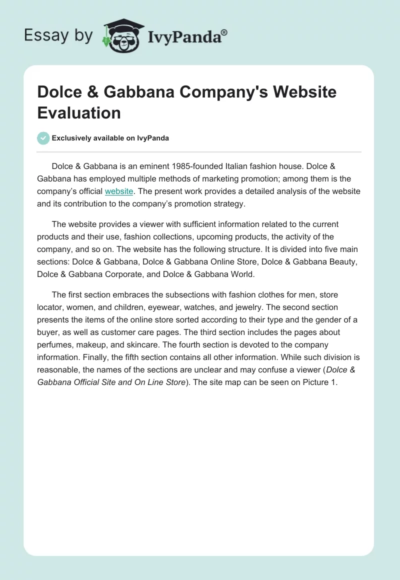 Dolce & Gabbana Company's Website Evaluation. Page 1