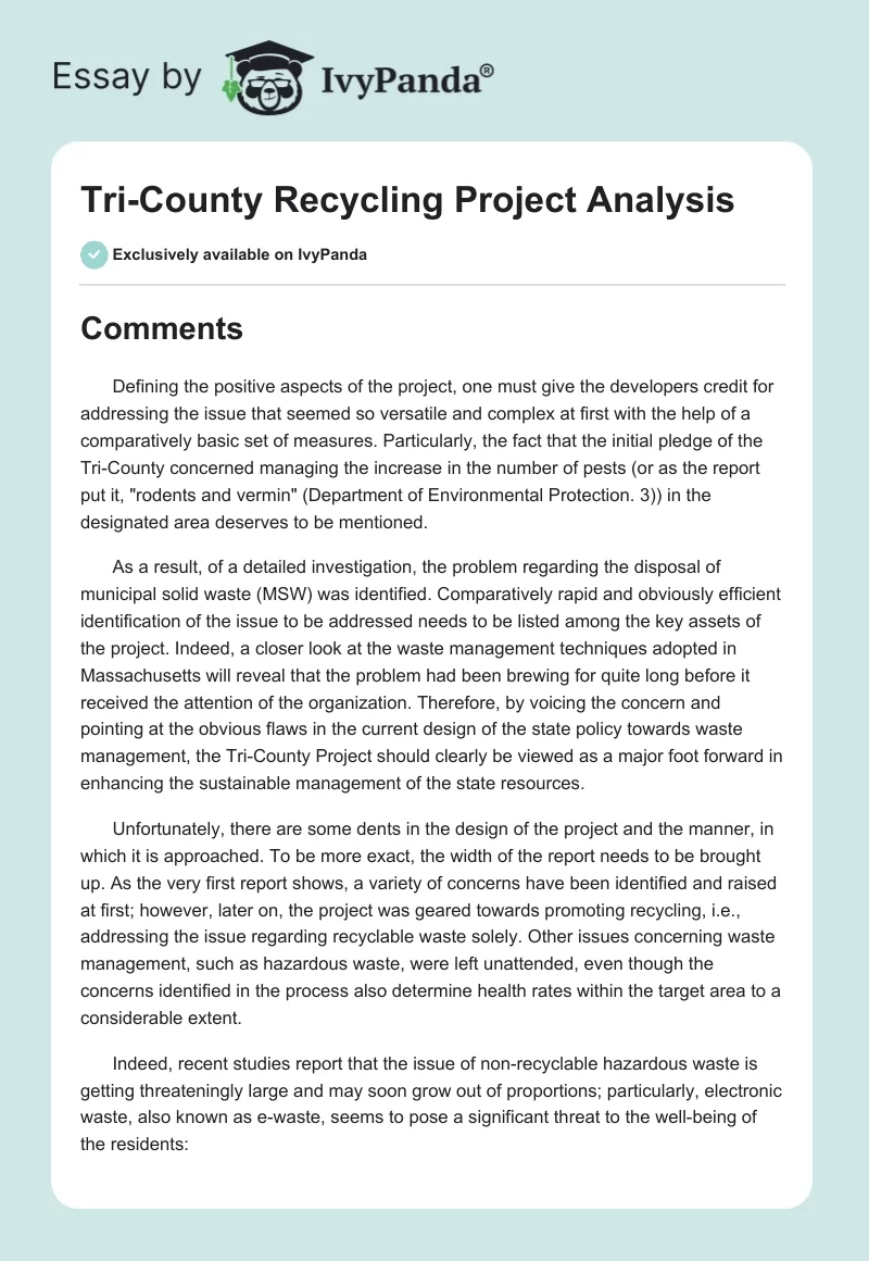 Tri-County Recycling Project Analysis. Page 1