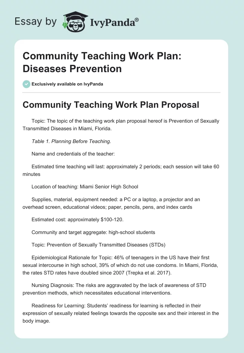 Community Teaching Work Plan: Diseases Prevention. Page 1