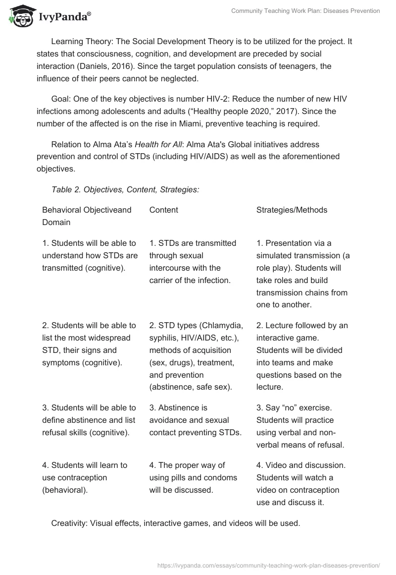 Community Teaching Work Plan: Diseases Prevention. Page 2