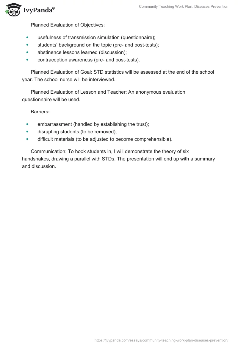 Community Teaching Work Plan: Diseases Prevention. Page 3