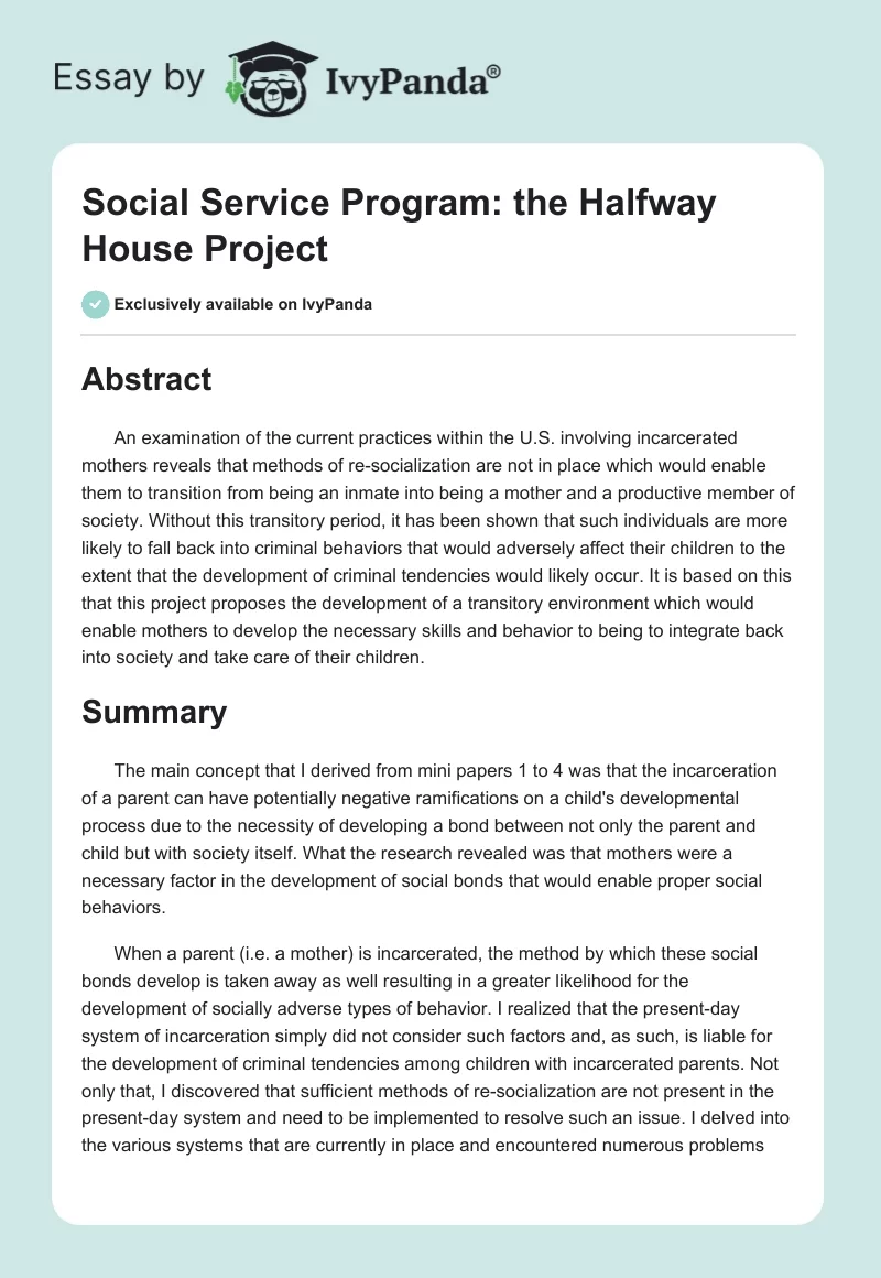 Social Service Program: the Halfway House Project. Page 1