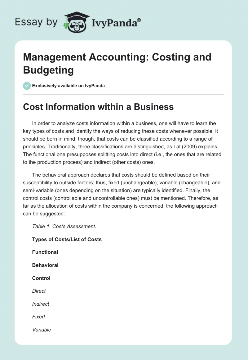 Management Accounting: Costing and Budgeting. Page 1
