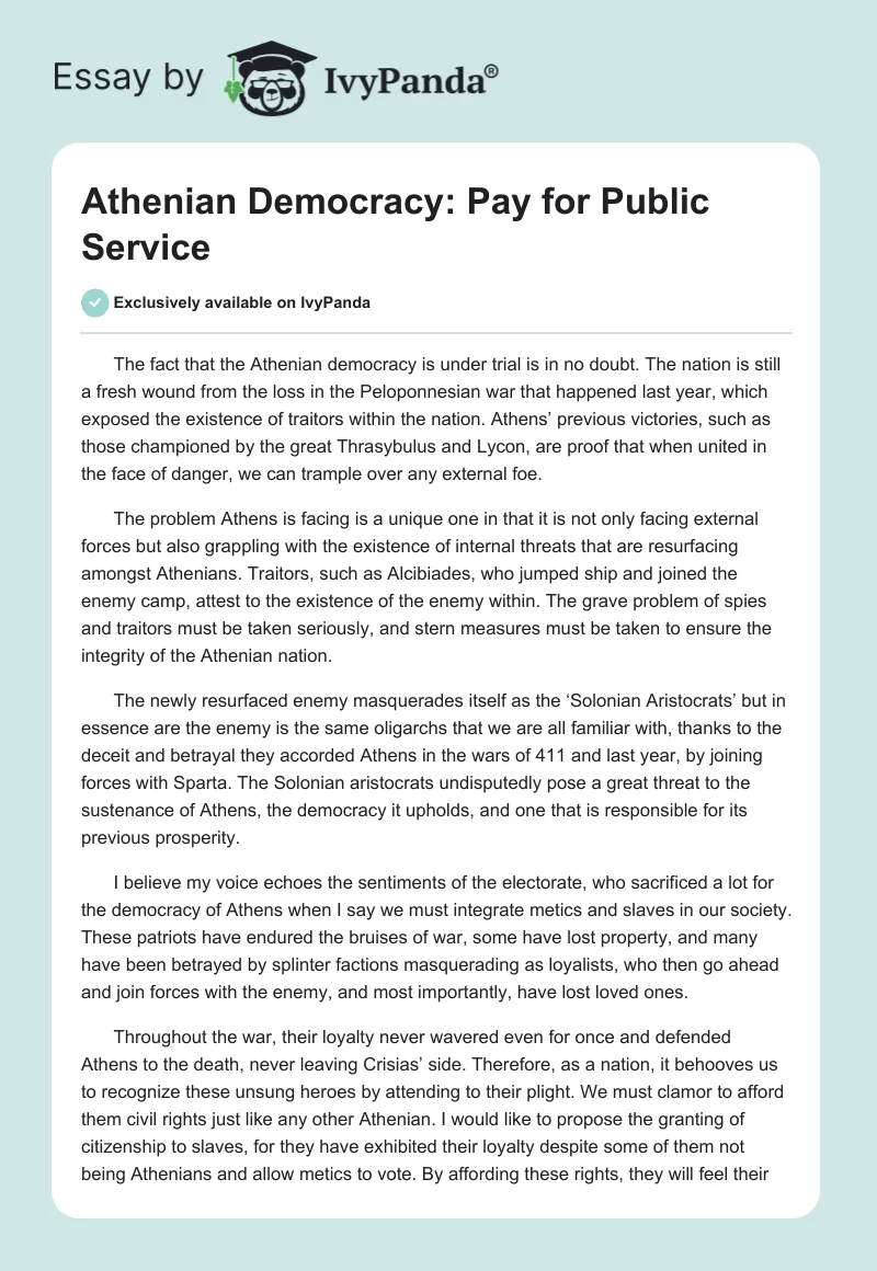 Athenian Democracy: Pay for Public Service. Page 1