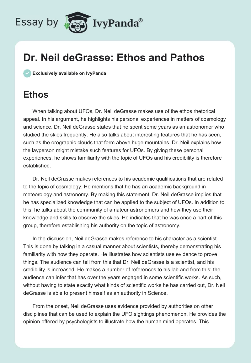 The Rhetoric of UFOs: Dr. Neil deGrasse’s Use of Ethos and Pathos. Page 1