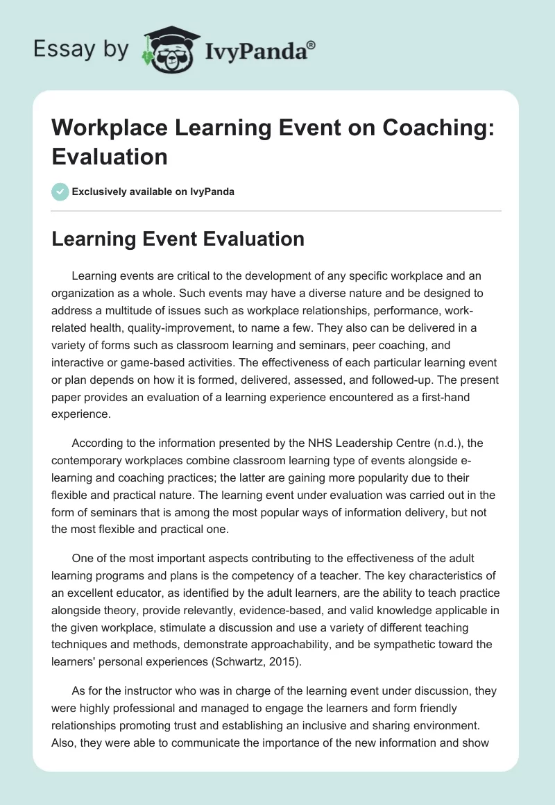 Workplace Learning Event on Coaching: Evaluation. Page 1