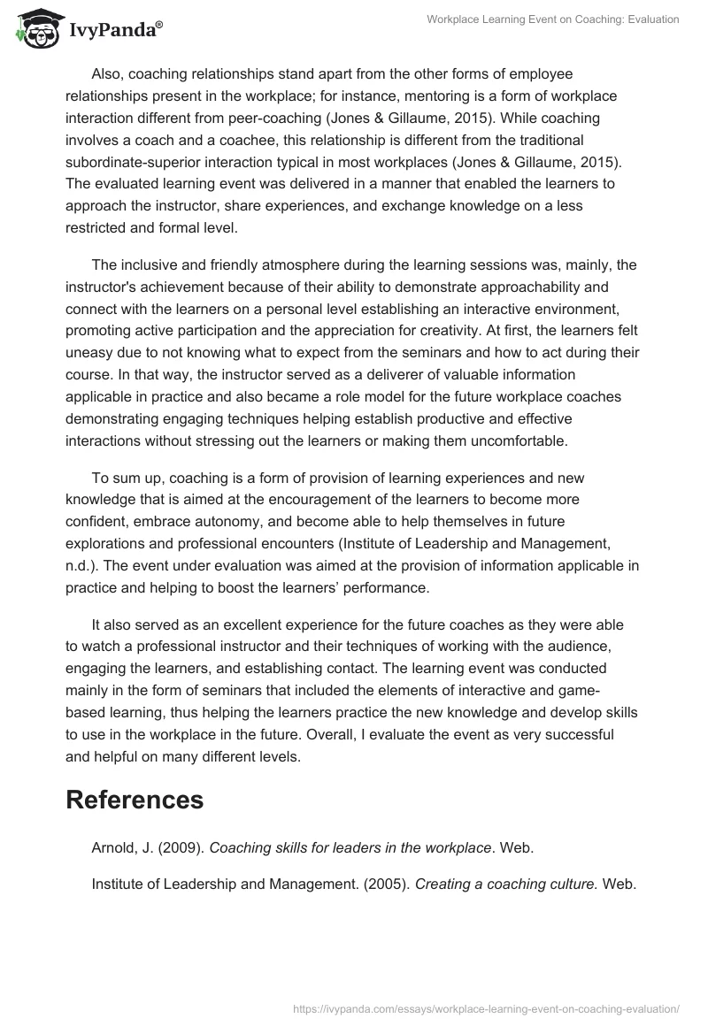 Workplace Learning Event on Coaching: Evaluation. Page 3
