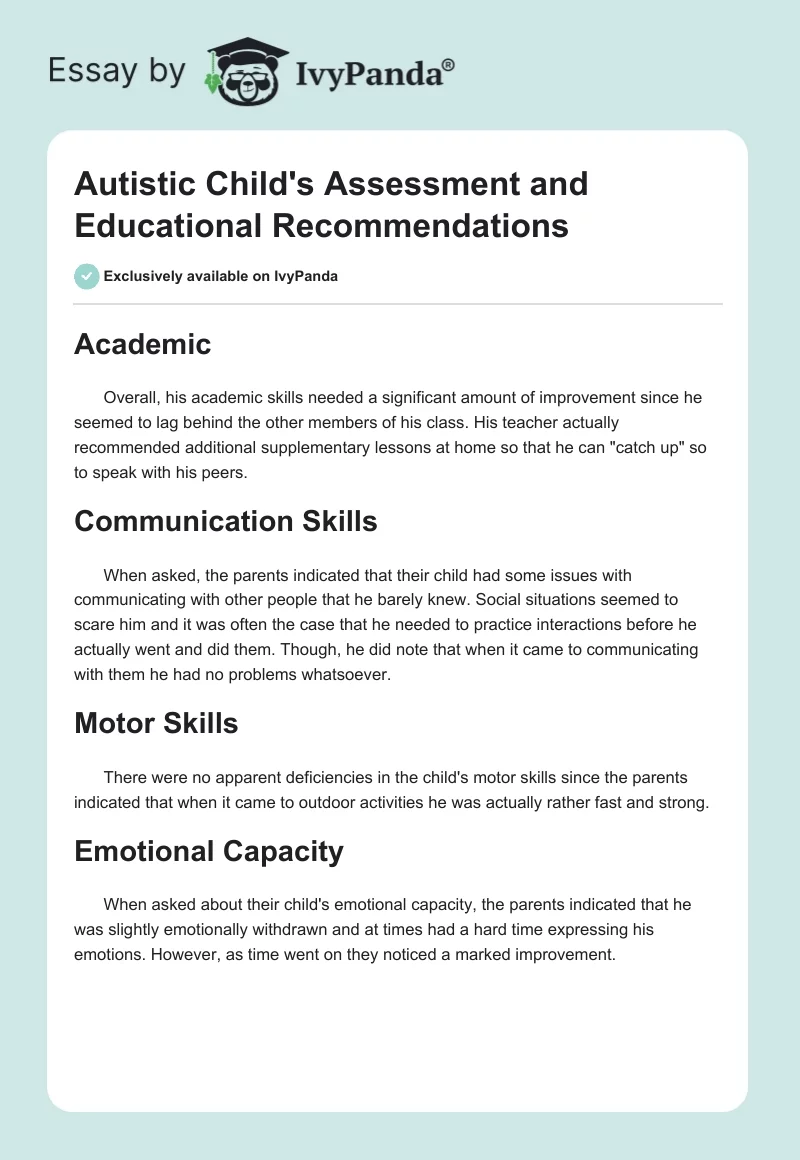 Autistic Child's Assessment and Educational Recommendations. Page 1