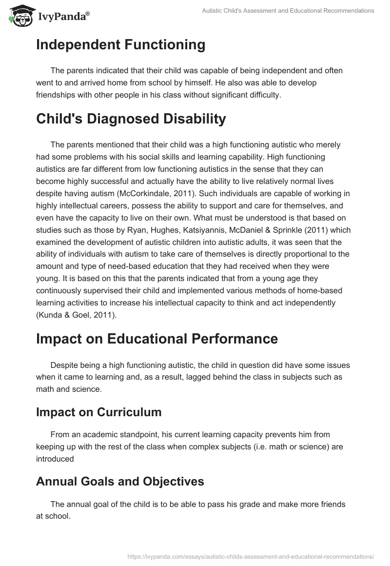 Autistic Child's Assessment and Educational Recommendations. Page 2