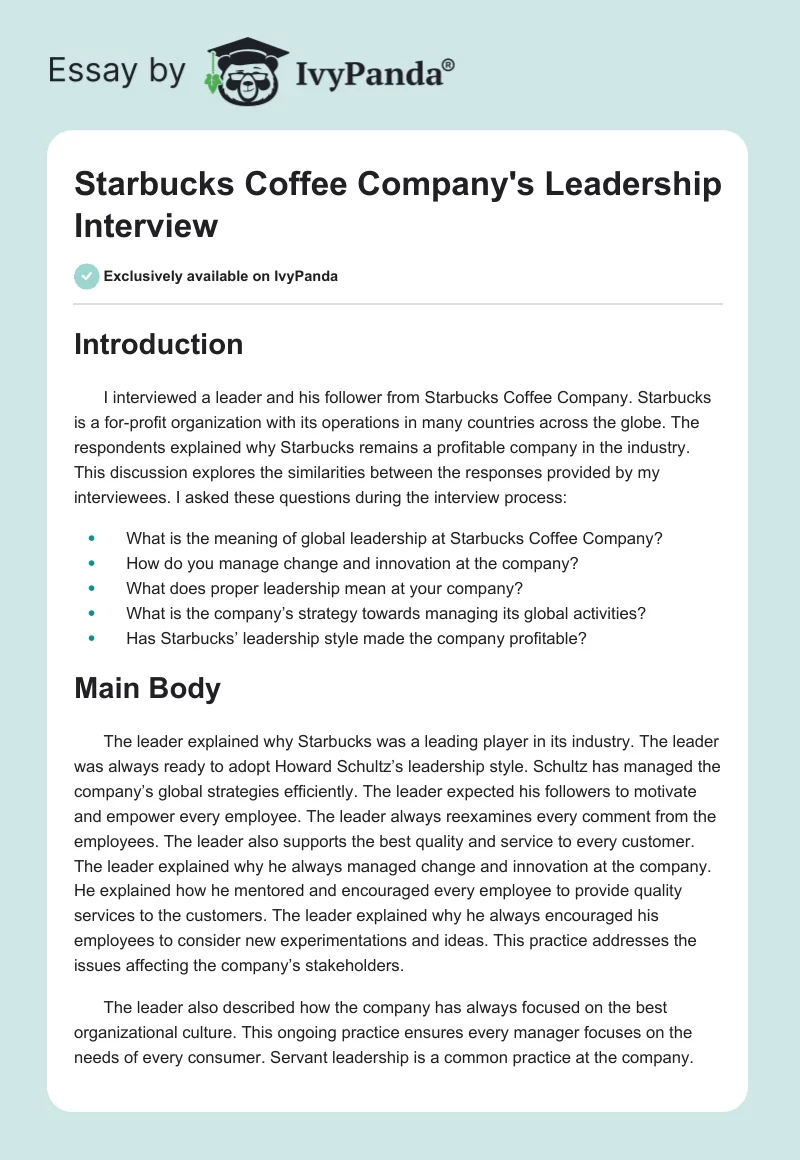 Starbucks Coffee Company's Leadership Interview. Page 1