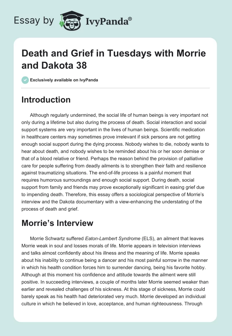 Death and Grief in “Tuesdays With Morrie” and “Dakota 38”. Page 1