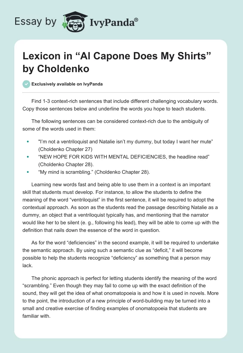Lexicon in “Al Capone Does My Shirts” by Choldenko. Page 1