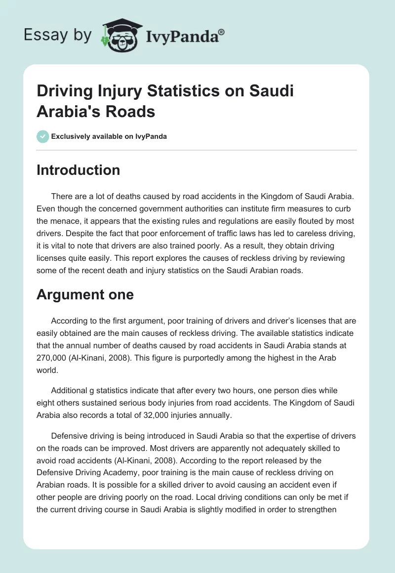 Driving Injury Statistics on Saudi Arabia's Roads. Page 1