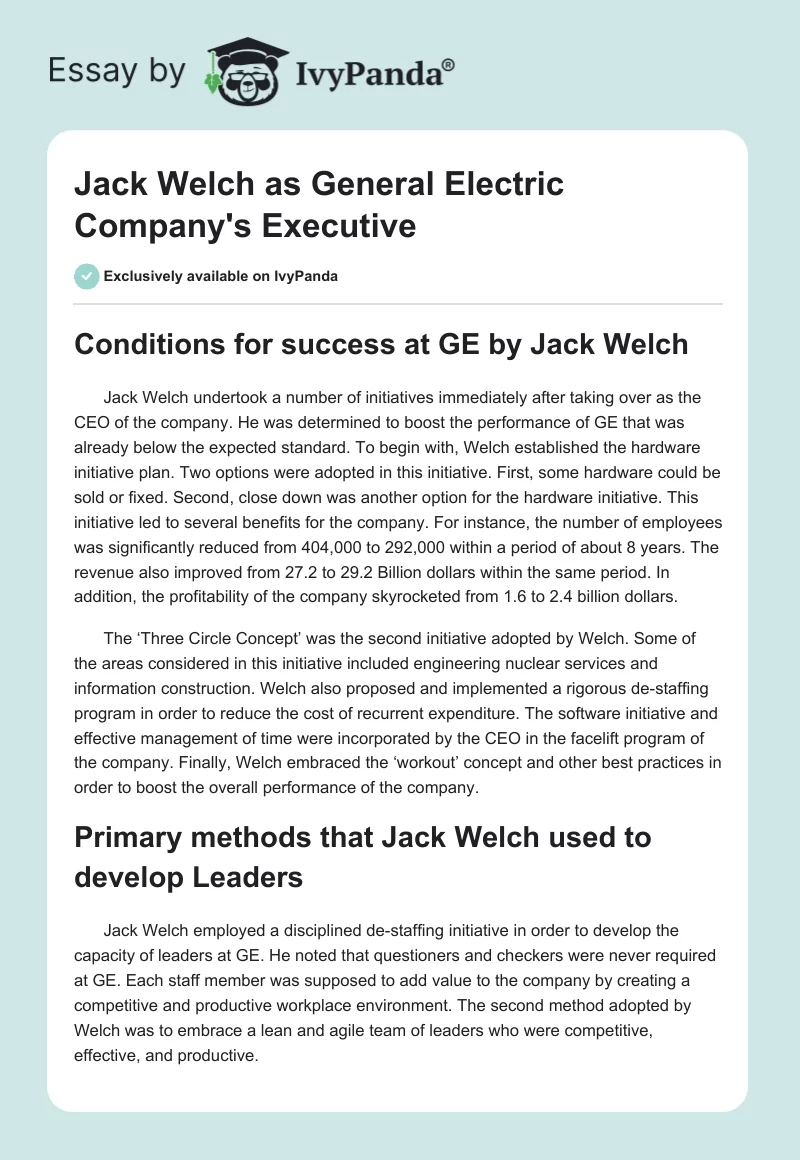 Jack Welch as General Electric Company's Executive. Page 1
