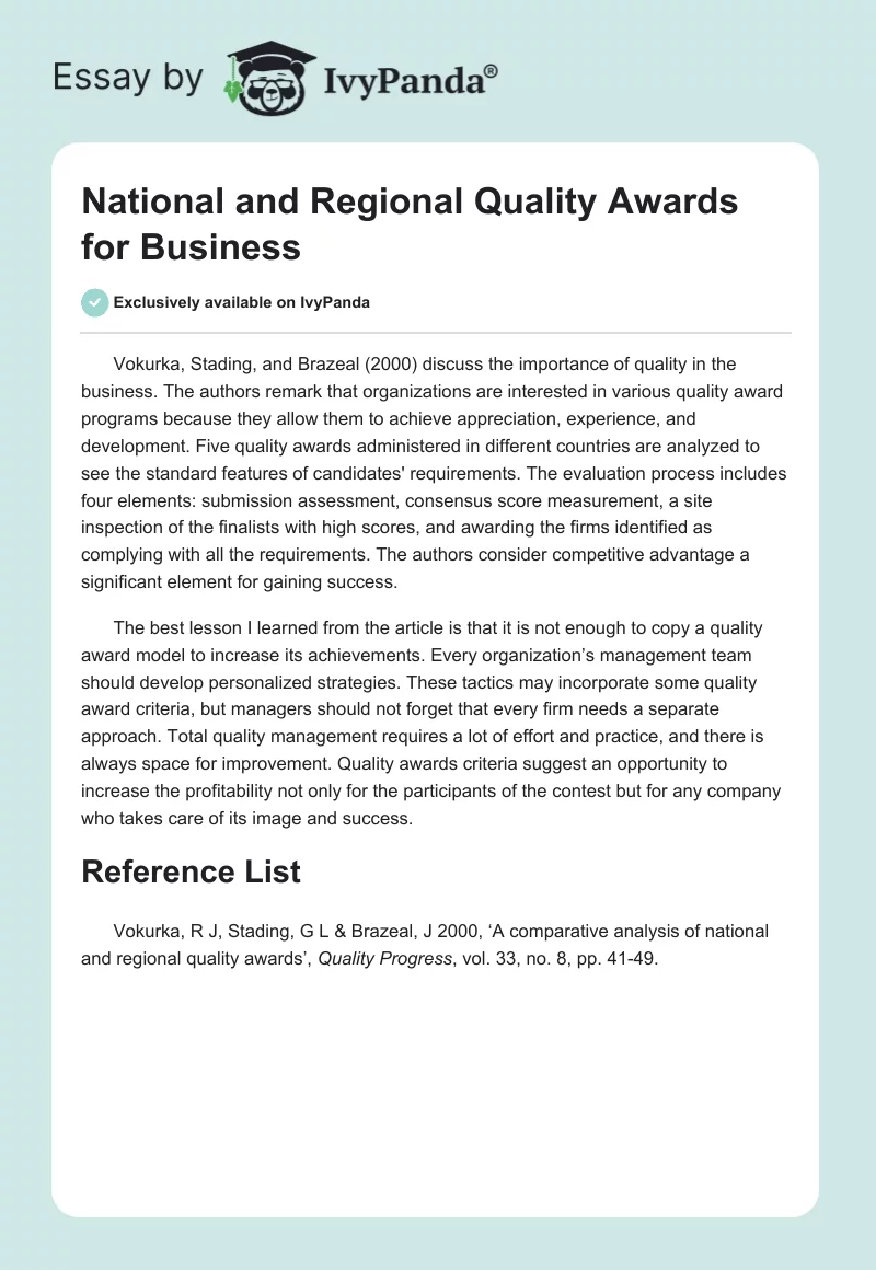 National and Regional Quality Awards for Business. Page 1