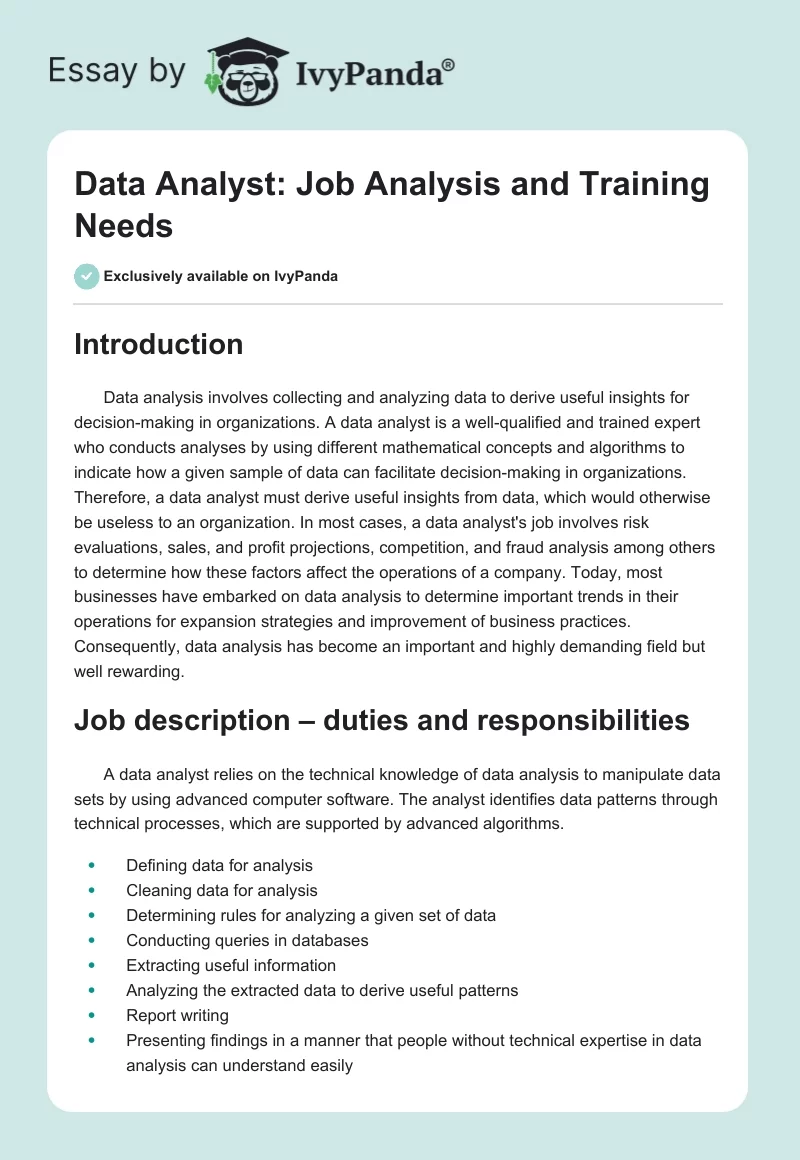 Data Analyst: Job Analysis and Training Needs. Page 1