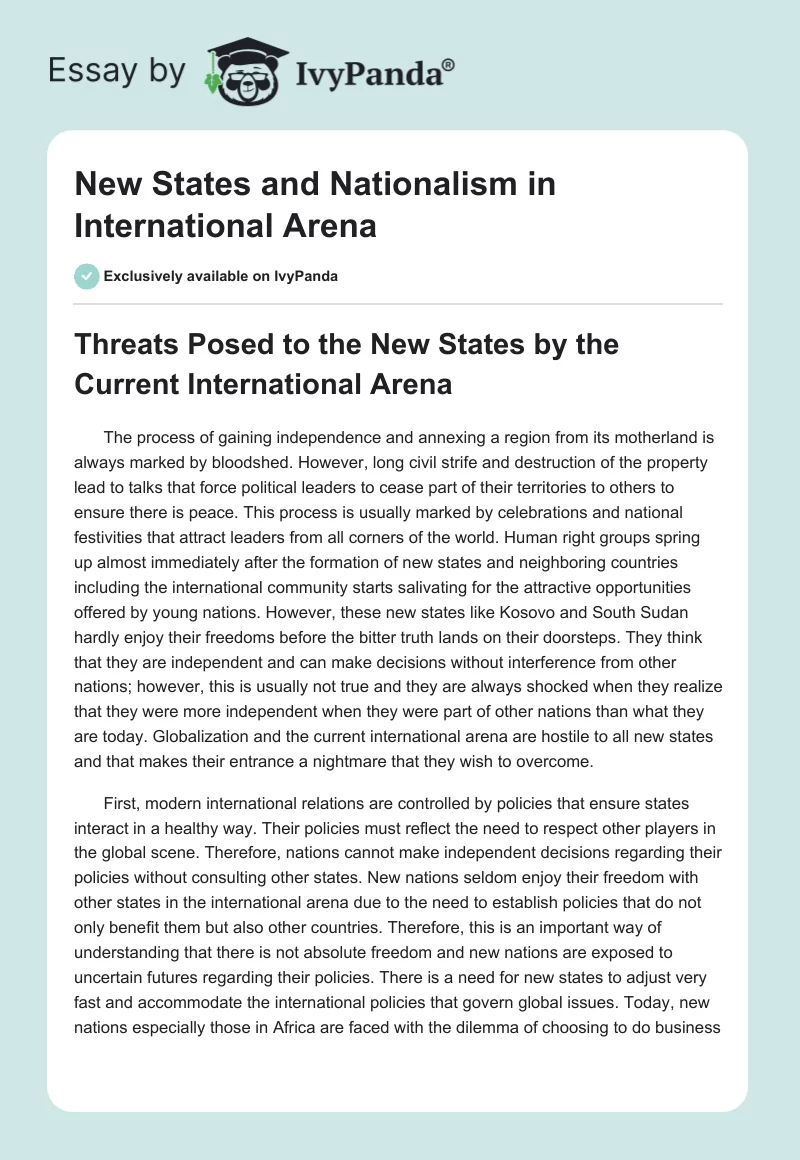 New States and Nationalism in International Arena. Page 1