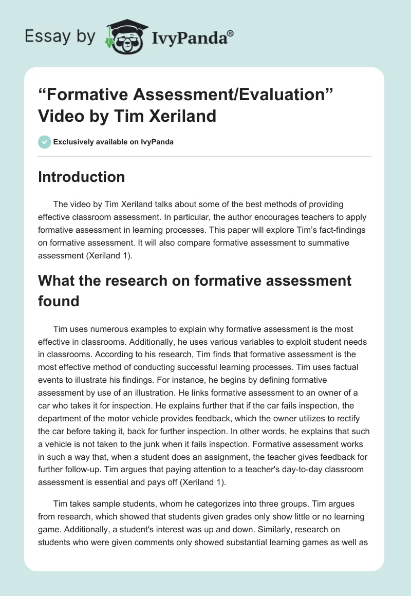 “Formative Assessment/Evaluation” Video by Tim Xeriland. Page 1