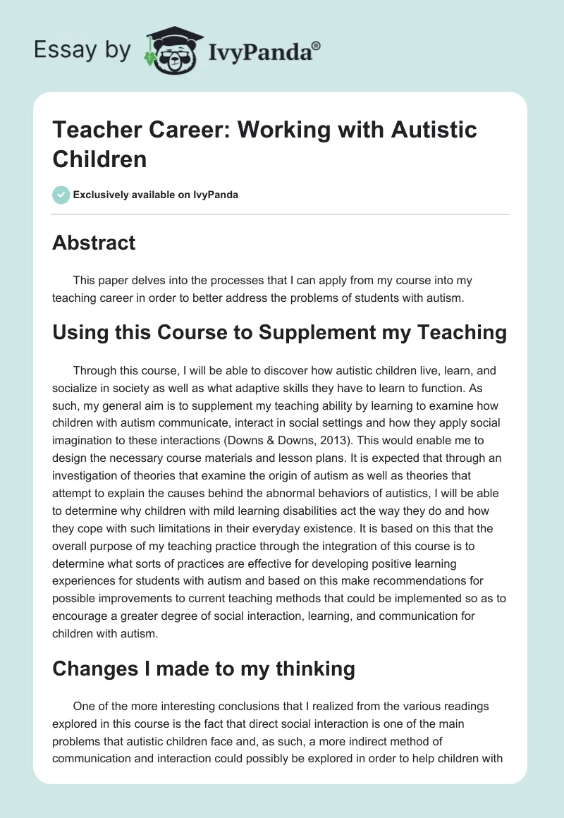 Teacher Career: Working With Autistic Children. Page 1