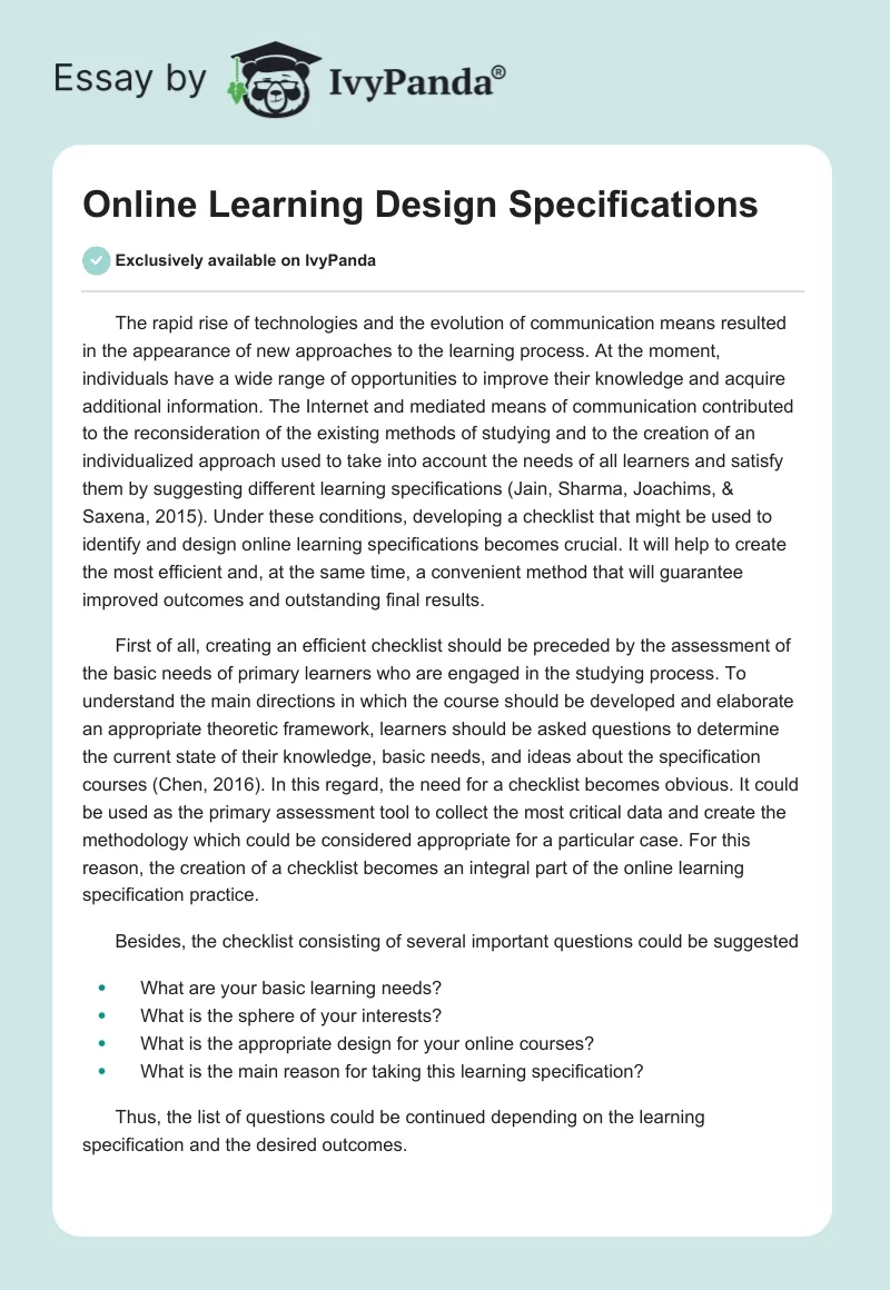 Online Learning Design Specifications. Page 1