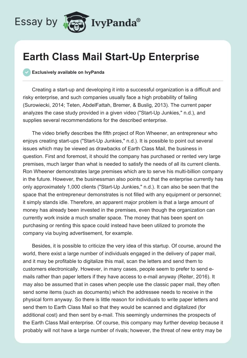 Earth Class Mail Start-Up Enterprise. Page 1