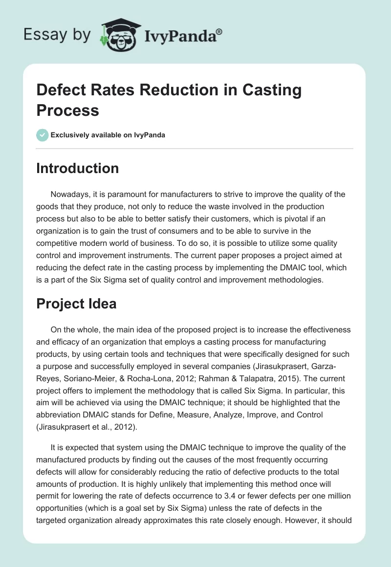 Defect Rates Reduction in Casting Process. Page 1