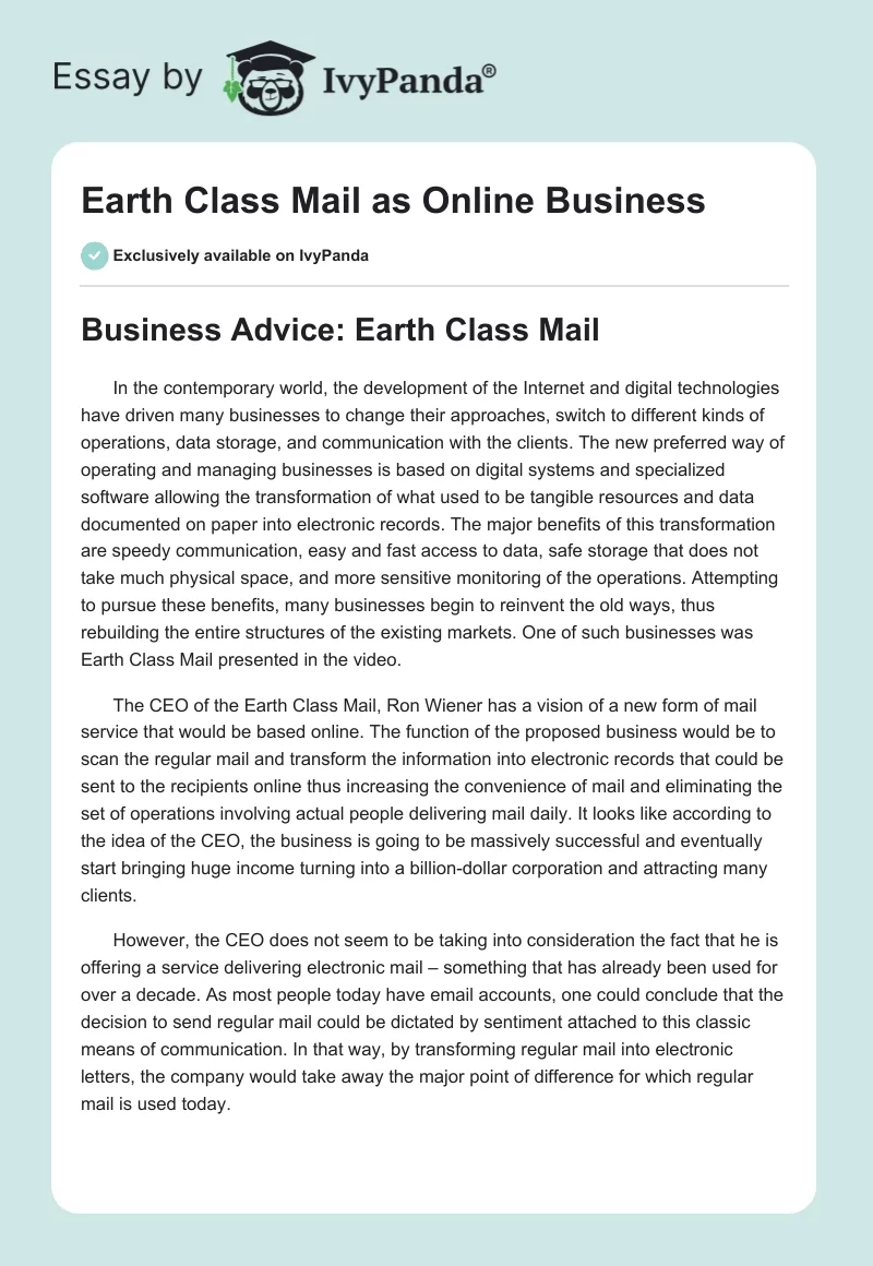 Earth Class Mail: A CEO’s New Vision for Mail Services. Page 1